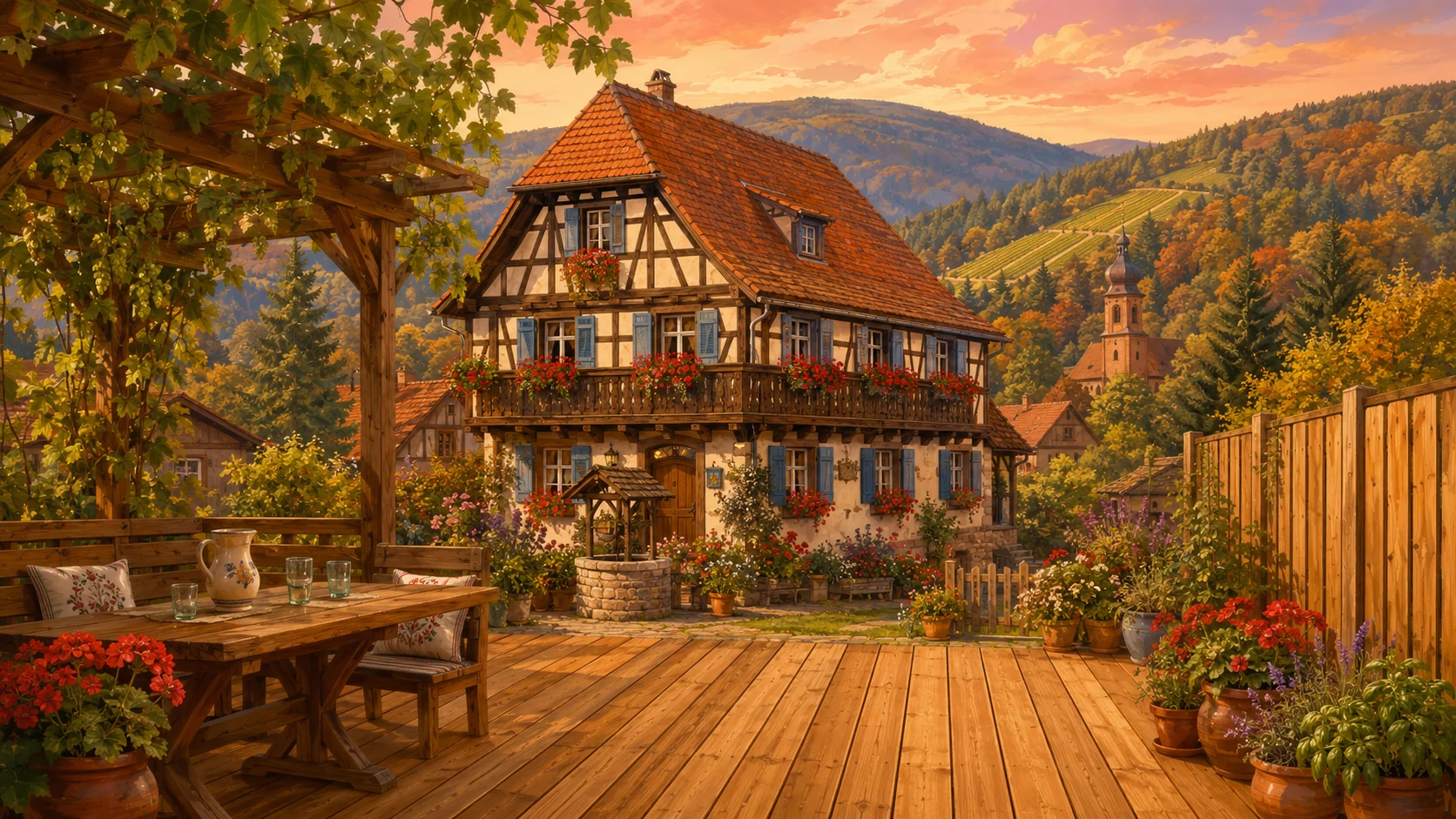 Illustration paysagère du dépôt avec terrasse en bois et clôture